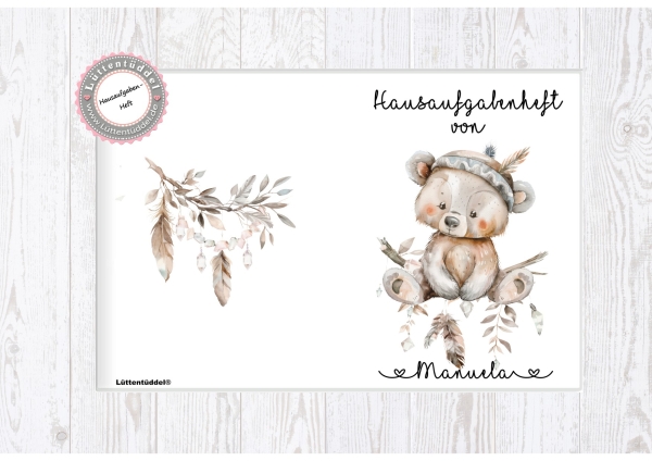 zuckersüßer Schulheft Umschlag Bär 2 Boho Style Hausaufgabenheft in seperater hochwertiger Hülle Einschulung Schulkind von Lüttentüddel®